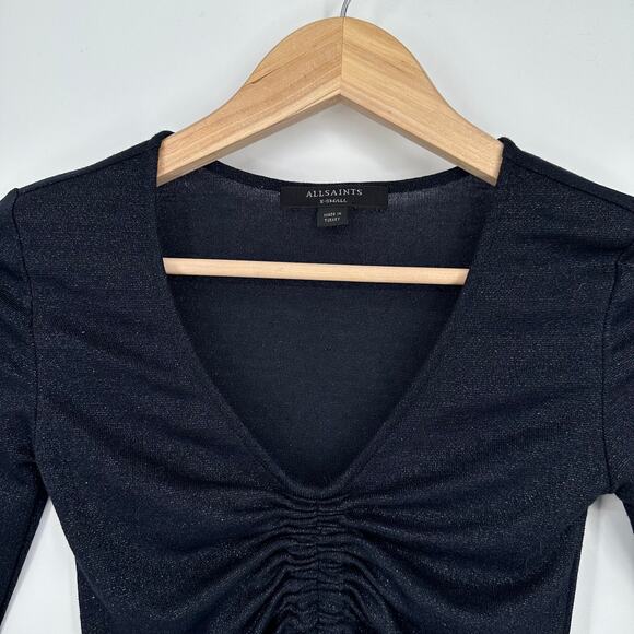 ALLSAINTS Rina Glitz Ruched Long Sleeve Sparkle Top, Navy Blue - Picture 6 of 13
